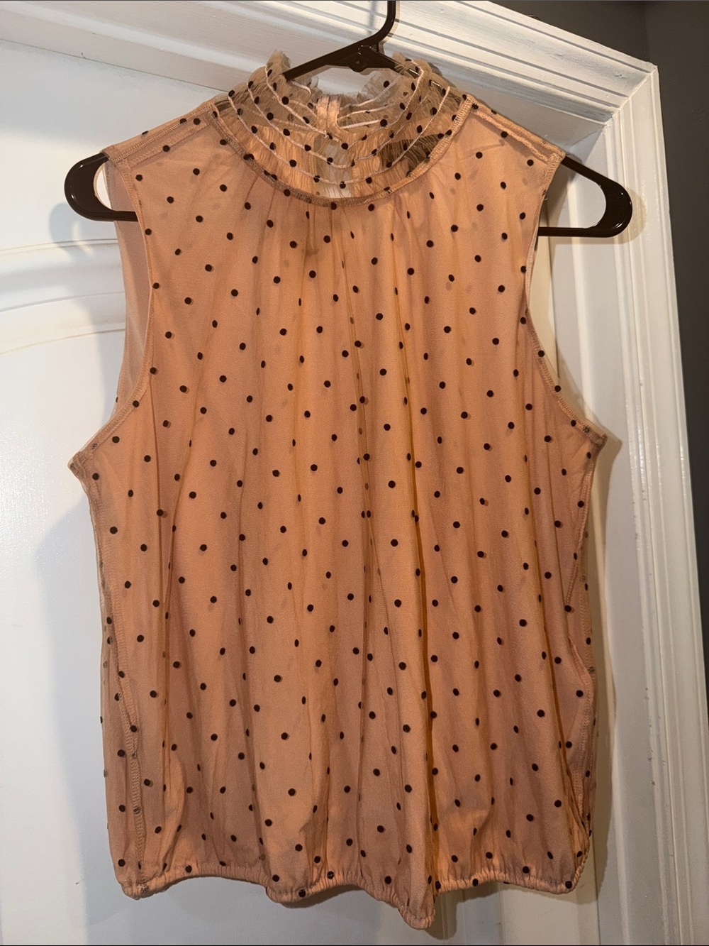 Banana Republic Peach Polka Dot Sleeveless Mesh Mock Neck Top